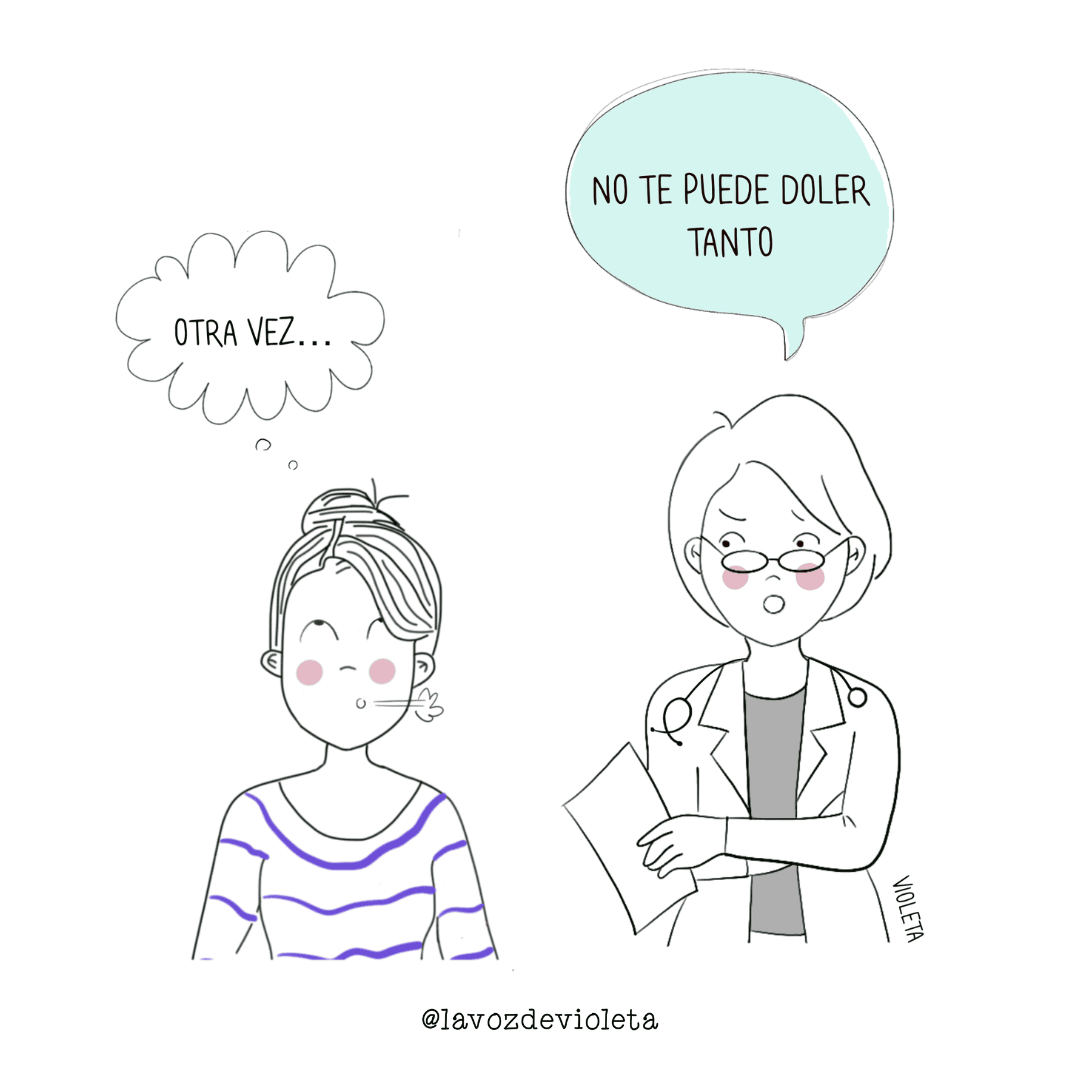 Ilustración de Violeta en una consulta médica mientras una doctora le dice “No te puede doler tanto”, reflejando la incomprensión hacia las enfermedades invisibles.