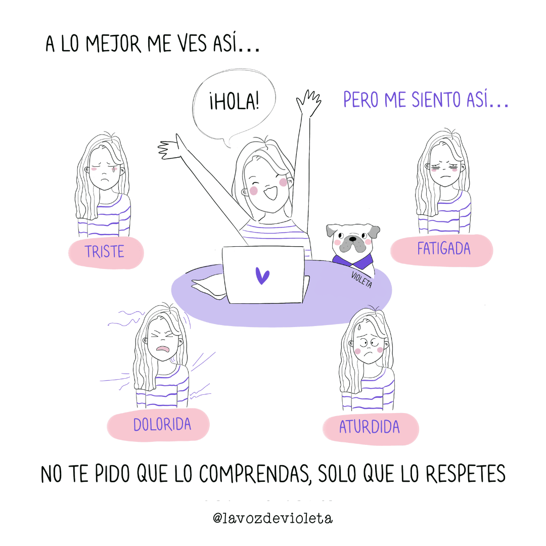 Ilustración de Violeta sonriendo frente al ordenador mientras por dentro se siente triste, fatigada, dolorida y aturdida, reflejando las enfermedades invisibles.