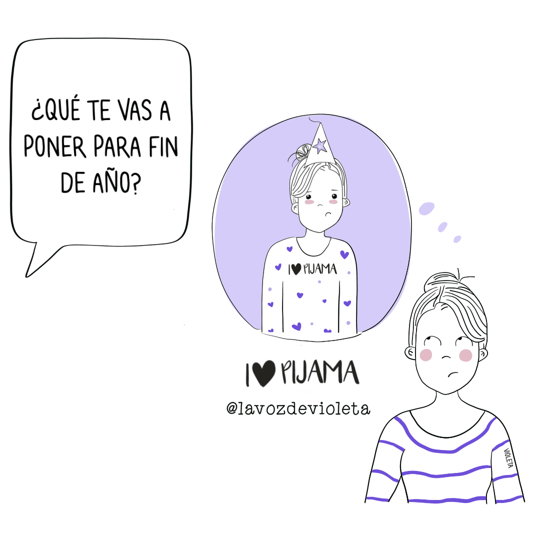 Ilustración de Violeta con pijama y gorro de fiesta respondiendo con humor a qué se pondrá en fin de año, relacionada con enfermedades invisibles y fatiga crónica.